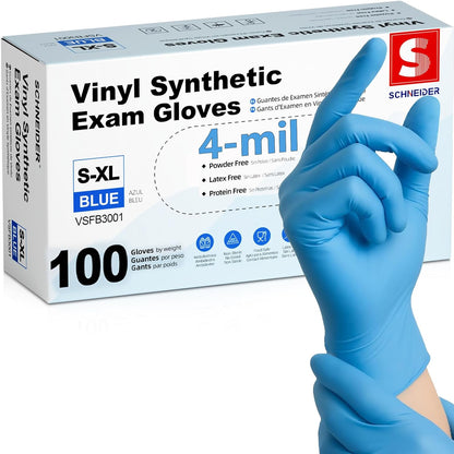 Blue Vinyl Synthetic Exam Gloves, Medium, Box of 100, 4-Mil, Powder-Free, Latex-Free, Non-Sterile, Disposable Gloves